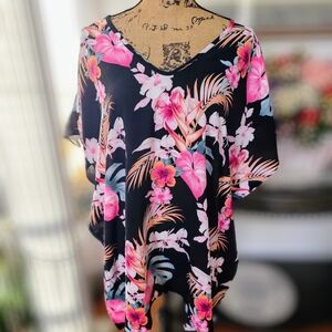 Apt.9 Black Floral Swim Coverup/Blouse with Pink Accents and Flutter Sleeves